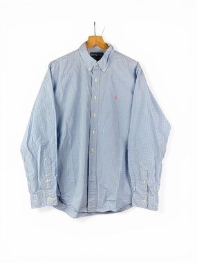 Men's Ralph Lauren Blue Gingham Button-Down Shirt with Light Pink Pony Logi